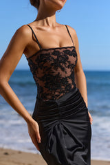 Black Embellished Lace + Satin Maxi Dress