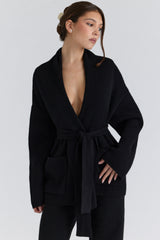 Black Pure Wool Draped Front Cardigan