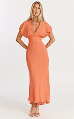 Desiree Midi Dress - V Neck Flutter Short Sleeve Slip Dress in Orange