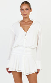 Melanie Mini Dress - Tie Front Long Sleeve Shirt Dress in White