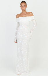 Aurelle Maxi Dress - Off Shoulder Floral Embroidered Dress in Ivory