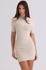 Cafe Au Lait Semi Sheer Mini Dress