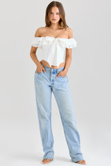 White Stretch Cotton Off-the-shoulder Frill Corset