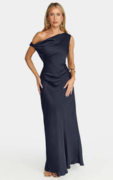 Lira Maxi Dress - One Shoulder Satin Dress in Navy