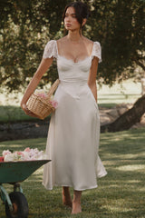 White Satin + Lace Midi Dress