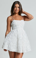 Alvia Mini Dress - 3d Flower Full Skirt Dress in White