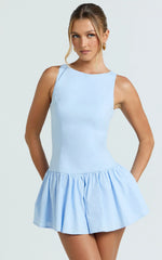 Izira Mini Dress - Boat Neck Drop Waist Shift Dress in Blue