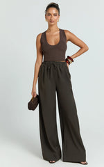 Nicole Pants - High Waist Elasticated Gathered Waist Wide Leg Pants in Chocolate