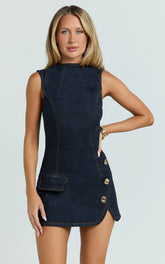 Rebecca Mini Dress - Denim Button Wrap Front Skirt Dress in Dark Blue Wash