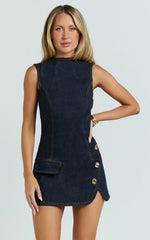 Rebecca Mini Dress - Denim Button Wrap Front Skirt Dress in Dark Blue Wash