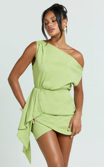Niana Mini Dress - Drape One Shoulder Dress in Green