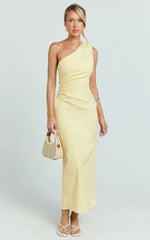 Karlie Midi Dress - One Shoulder Fitted Dress in Lemon