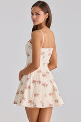 Ivory Vintage Rose Print Cotton Flared Mini Sundress