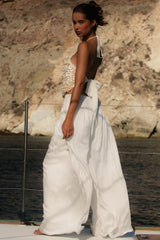 White Sateen Pleated Wide Leg Trousers