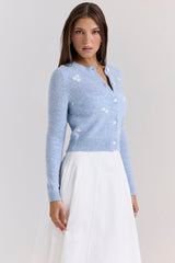 Blue Lambswool Floral Embroidered Cardigan