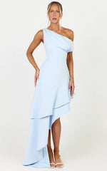 Alani Maxi Dress - Off Shoulder Asymmetric Flounce Dress in Light Blue