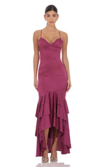 Satin Ruffle Fishtail Maxi Dress in Magenta