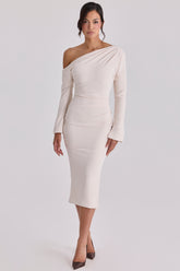 Vintage Ivory Draped Crepe One Shoulder Midi Dress