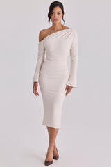 Vintage Ivory Draped Crepe One Shoulder Midi Dress