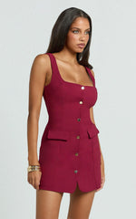 Kenna Mini Dress - Square Neck Button Down Mini Dress in Wine