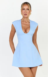 Lilo Mini Dress - V Neck Cap Sleeve Tulip Shape Dress in Cornflower Blue