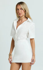 Muriel Mini Dress - Blouson Linen Blend Shirt Dress in Off White