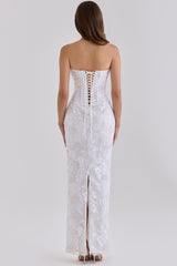 White Hand Beaded Embellished Strapless Maxi Dress