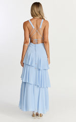 Beryl Midi Dress - Deep V Neck Sleeveless Layered Dress in Blue