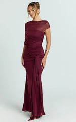 Nicolette Maxi Dress - Cape Sleeve Off Shoulder Dress in Wine