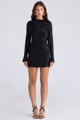 Black Satin Long Sleeve Backless Mini Dress