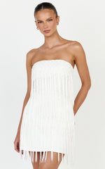 Kyle Mini Dress - Strapless Tassel Bodycon Dress in White