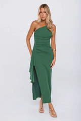 Chic One Shoulder Ruched Drape Maxi Dress Green