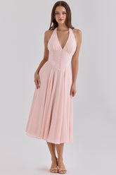 Pink Georgette + Lace Placement Halter Neck Midi Dress