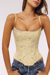 Lemon Floral Print Cotton Waist Cinch Corset Top