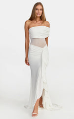 Hallie Maxi Dress - One Shoulder Flounce Dress With Leg Split And Sheer Panel in White