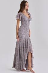 Lilac Vintage Floral Print Georgette Maxi Tea Dress