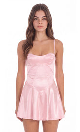 Satin Lace-Up Mini Dress in Pink