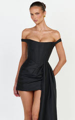 Marais Mini Dress - Contrast Draped Off Shoulder Dress in Black