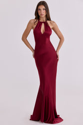 Wine Satin Halter Maxi Dress