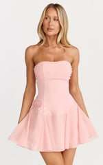 Penny Mini Dress - Strapless Corset Bodice Floral Embellished Godet Dress in Soft Pink