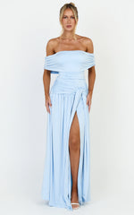 Bree Maxi Dress - Off Shoulder Draped Sash Dress in Blue