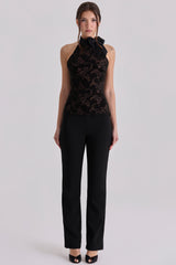 Black Lace High Neck Top With Detachable Bow