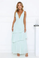 Goddess Glamour Tiered V-Neck Maxi Dress Mint