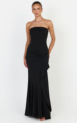Leda Maxi Dress - Strapless Waterfall Sash Dress in Black