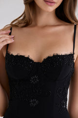 Black Georgette Custom Hand Beaded Embellished Lace Trim Mini Dress – Limited Edition