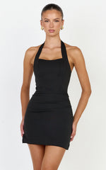 Karina Mini Dress - Halter Neck Princess Panel Tucked Waist Dress in Black