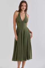 Olive Georgette + Lace Placement Halter Neck Midi Dress