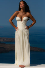 White Chiffon Micro Pleat Strapless Maxi Gown