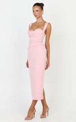 Kenna Midi Dress - Gathered Bust Tucked Waist Dress in Pink