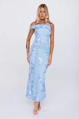 Future Icon Off Shoulder Mesh Maxi Dress Blue